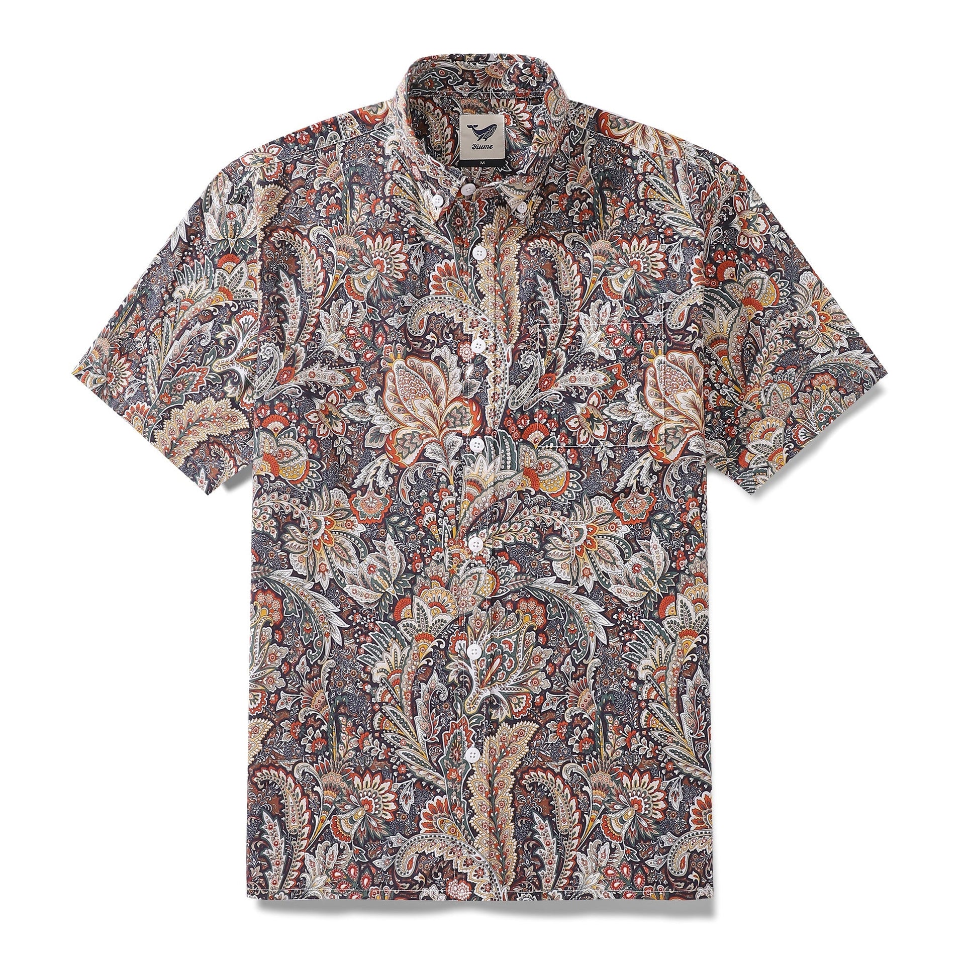 Men's navy and rust-orange scroll pattern Hawaiian shirt in cotton with mustard and cream floral motifs.