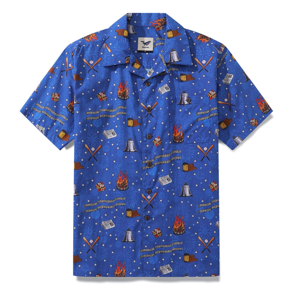 Men wearing a red, white, and blue Independence Day themed Hawaiian shirt with a camp collar.