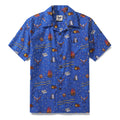 Men wearing a red, white, and blue Independence Day themed Hawaiian shirt with a camp collar.