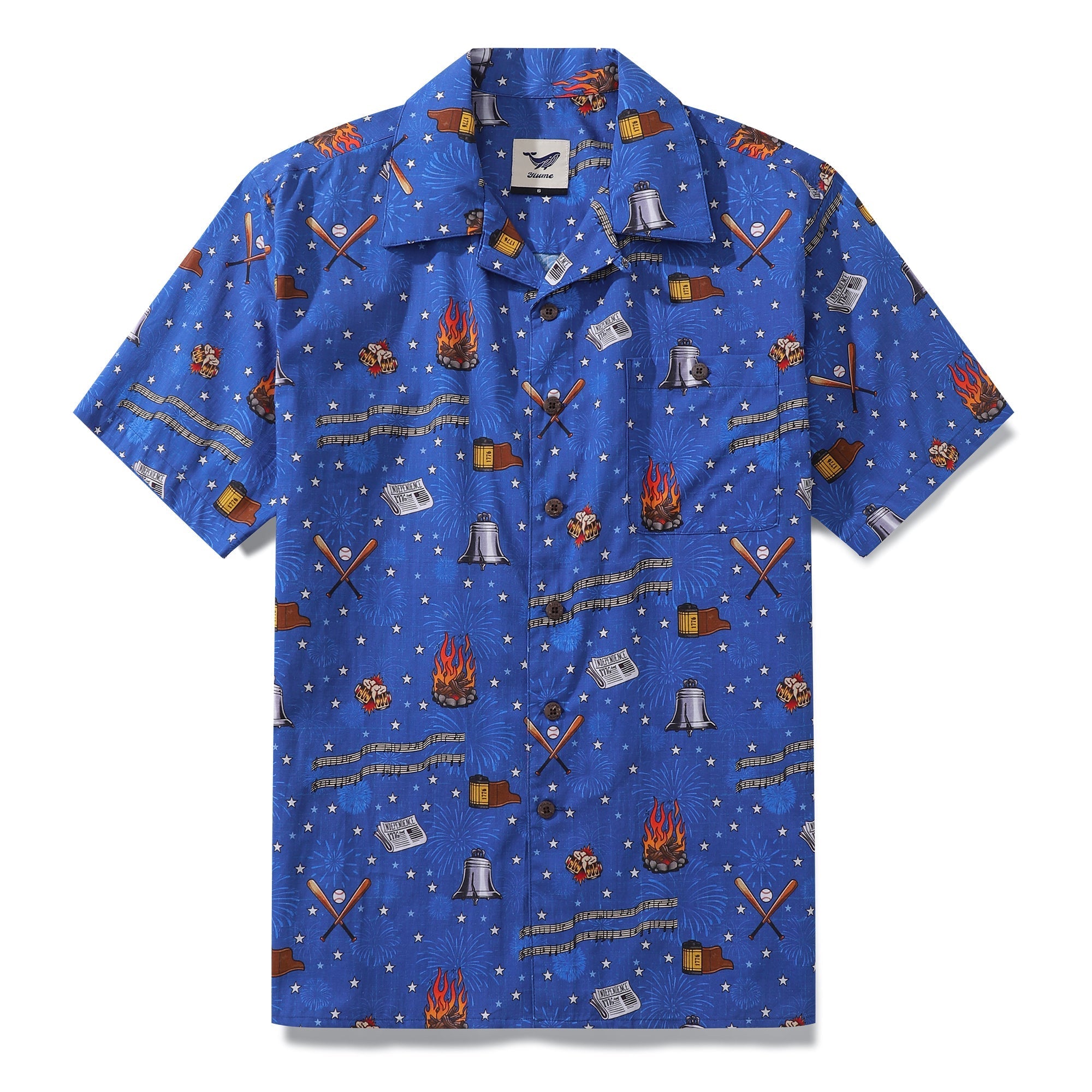 Men wearing a red, white, and blue Independence Day themed Hawaiian shirt with a camp collar.