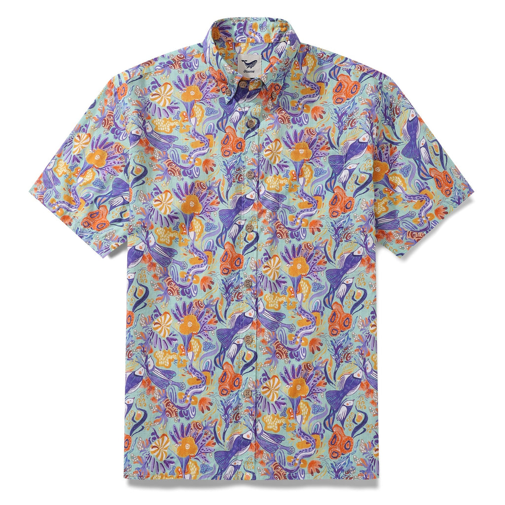 Men's Hawaiian shirt with a unique bird and coral pattern in mint green, purple, and orange.