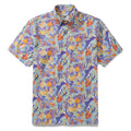 Men's Hawaiian shirt with a unique bird and coral pattern in mint green, purple, and orange.