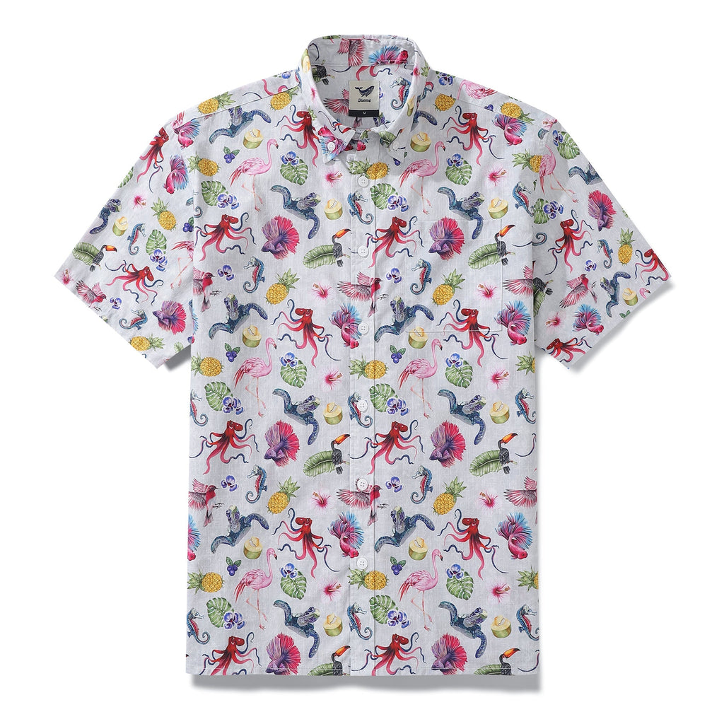 Men's 100% cotton button-down shirt featuring a colorful tropical symphony print.