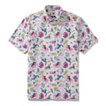 Men's 100% cotton button-down shirt featuring a colorful tropical symphony print.