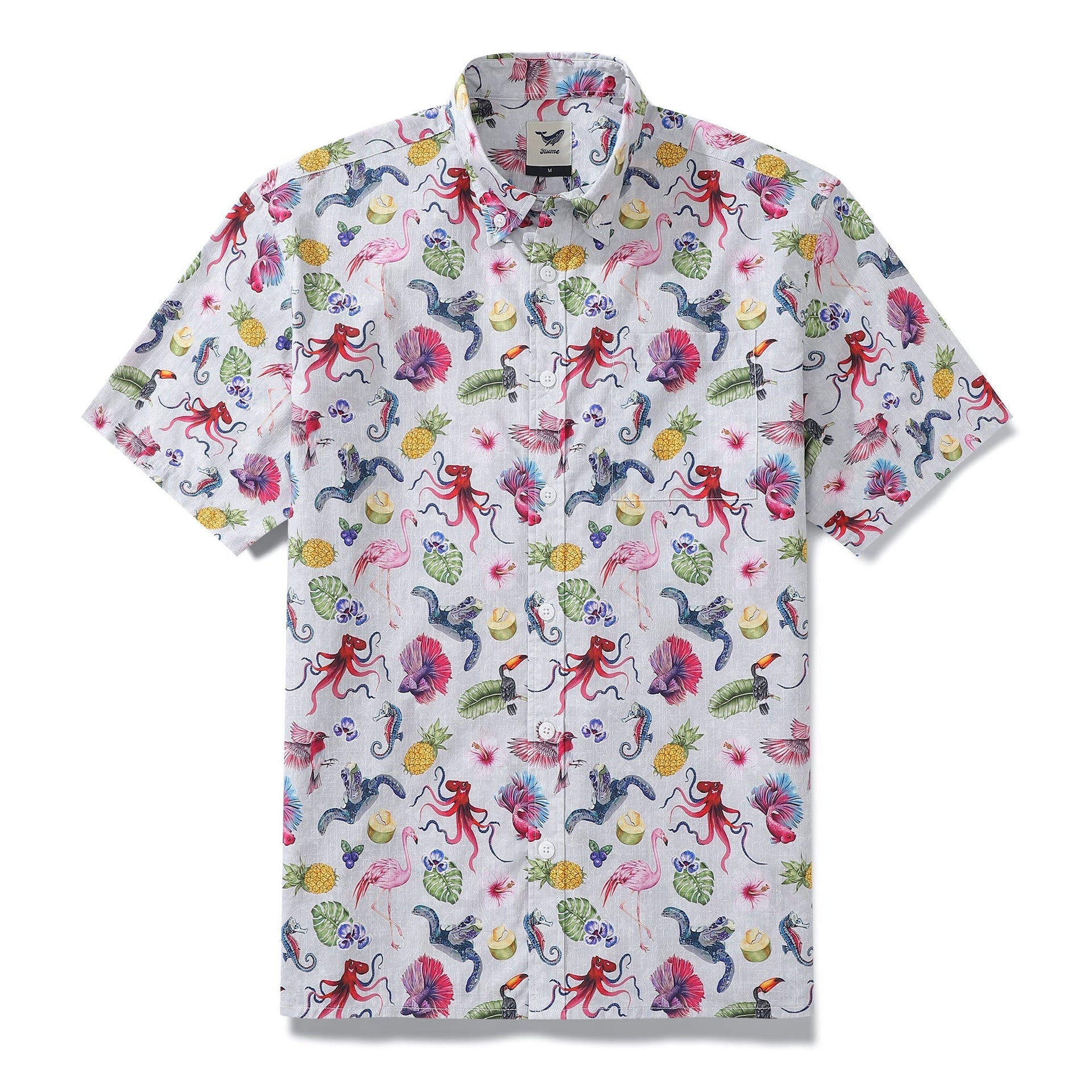 Men's 100% cotton button-down shirt featuring a colorful tropical symphony print.