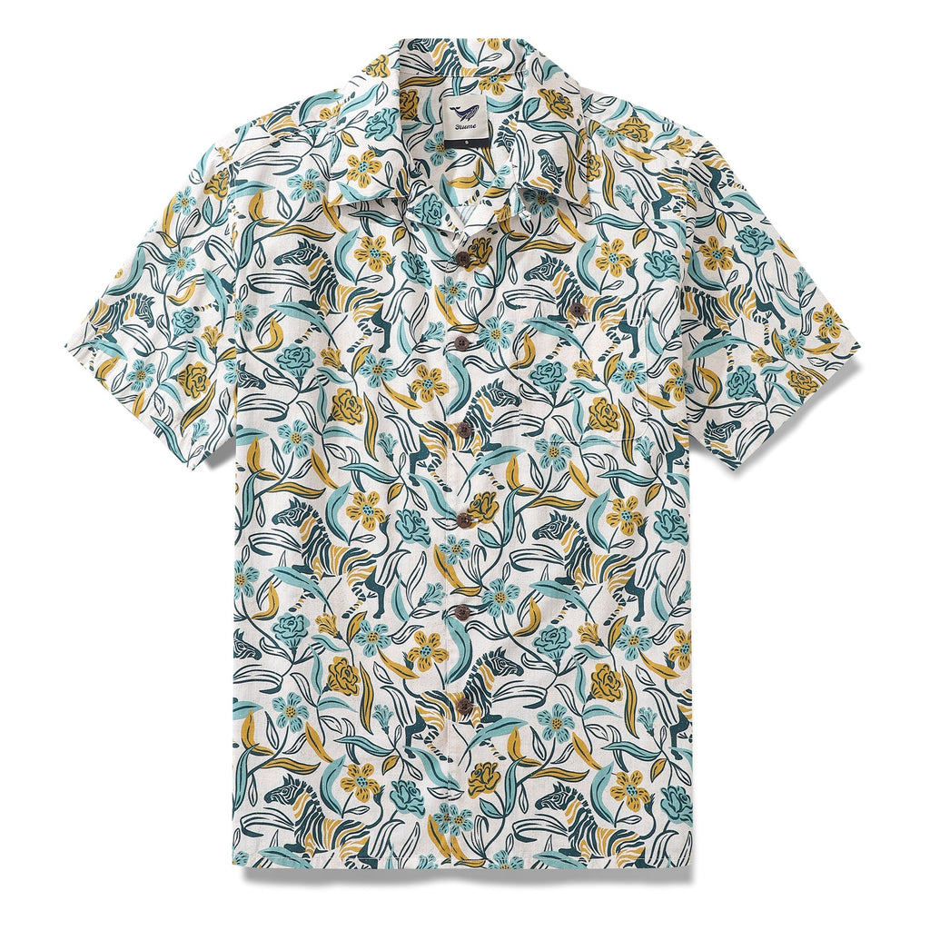 Men's BohoZebra Hawaiian shirt with hand-drawn zebra and botanical print