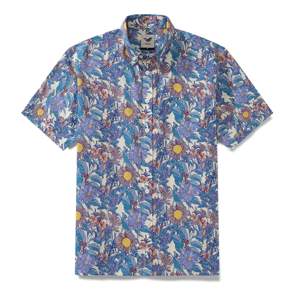 Men's blue, white, and yellow floral print cotton Hawaiian shirt