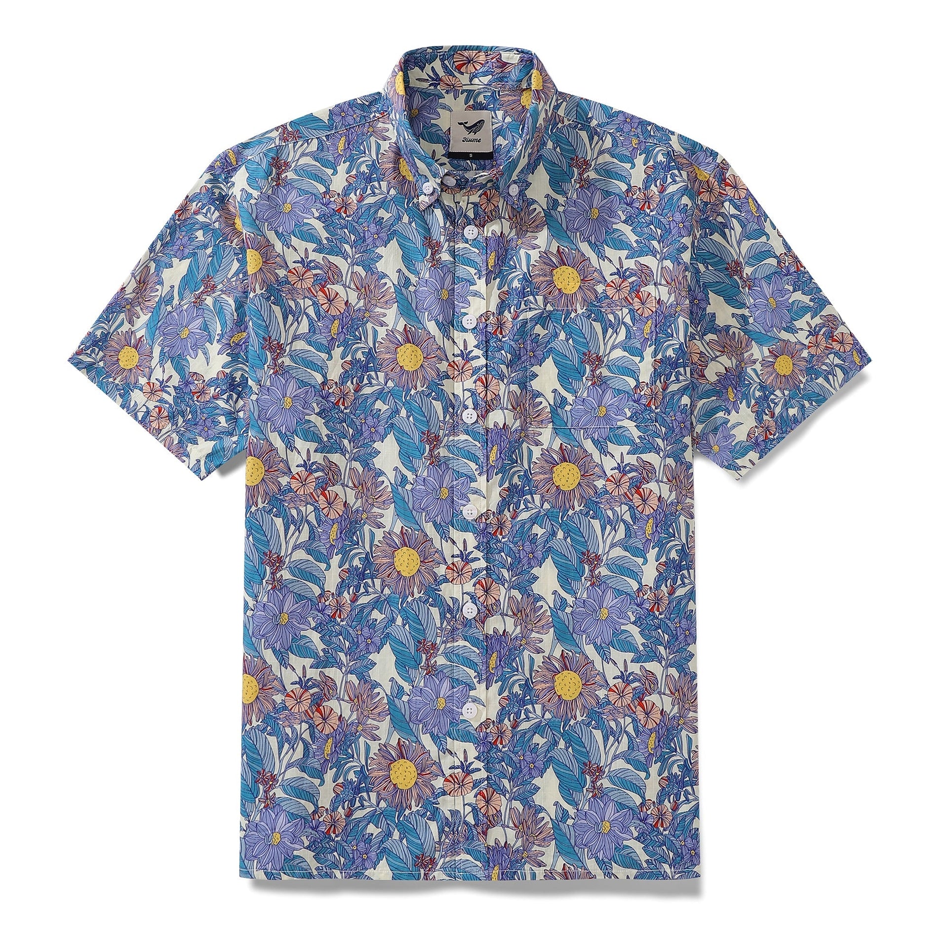 Men's blue, white, and yellow floral print cotton Hawaiian shirt