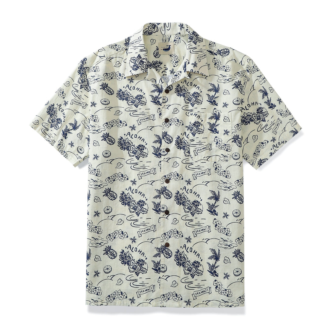 Men's tropical fruit and pineapple print Hawaiian shirt with coconut buttons.