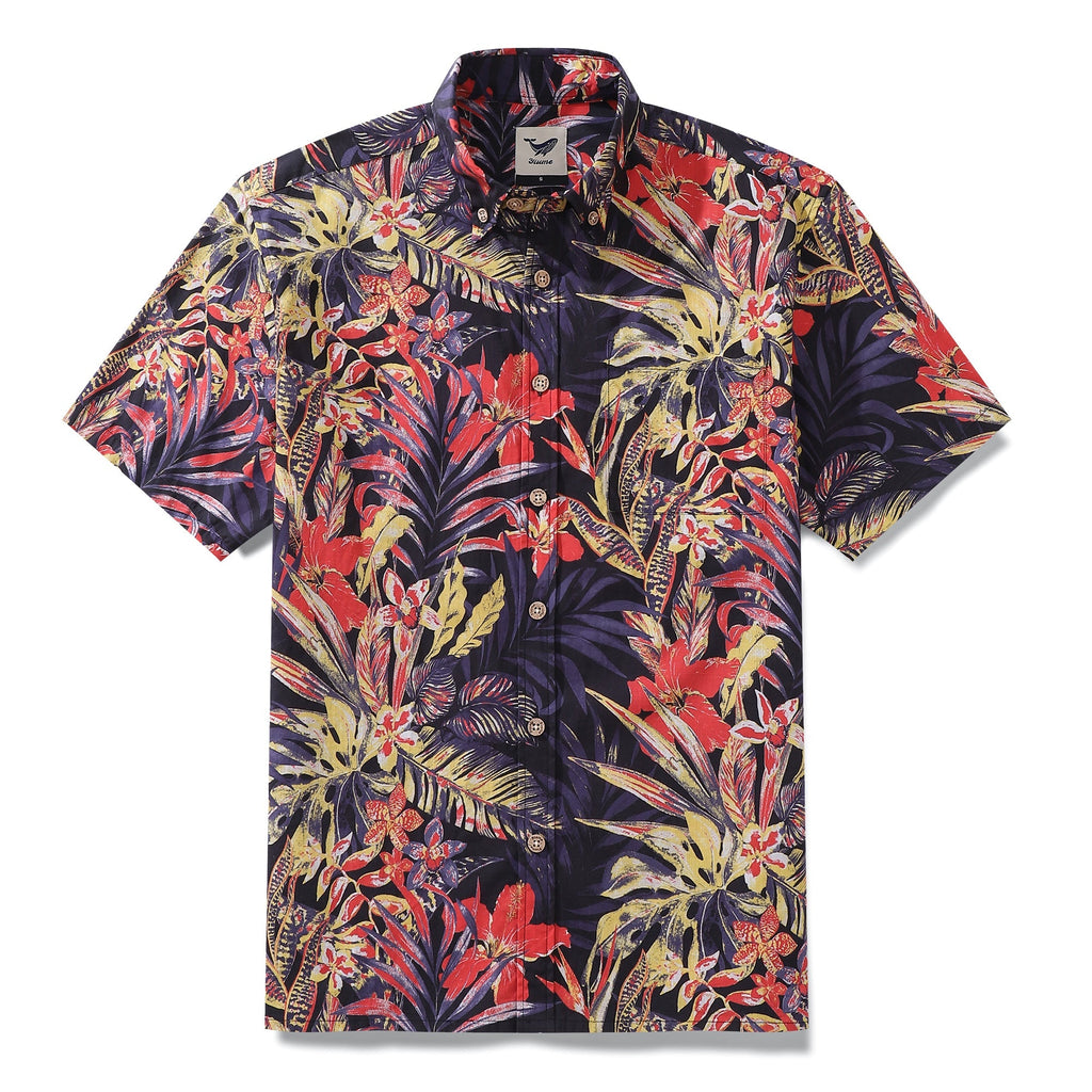 Men's tropical black, red, and yellow floral print button-down shirt