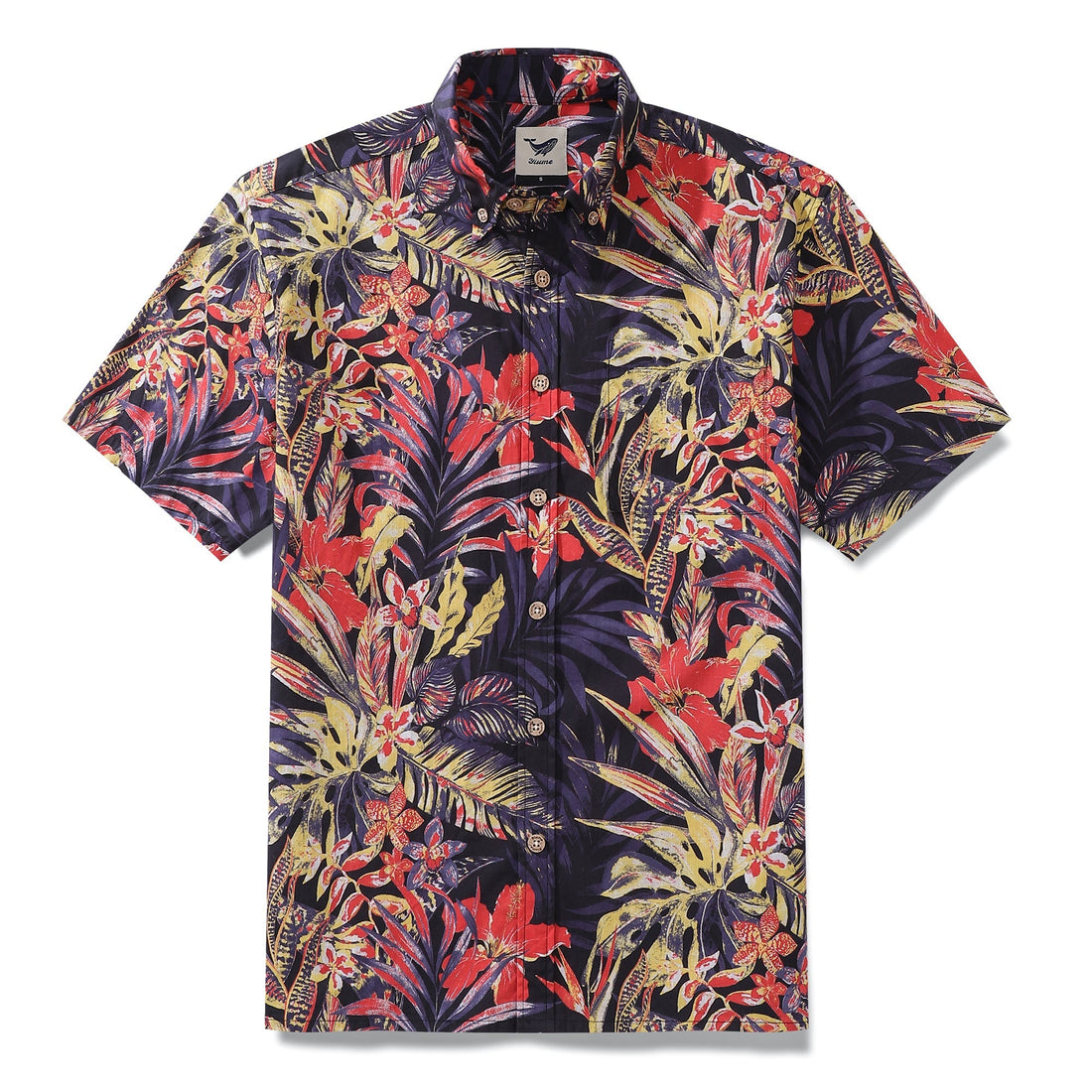 Men's tropical black, red, and yellow floral print button-down shirt