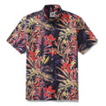 Men's tropical black, red, and yellow floral print button-down shirt