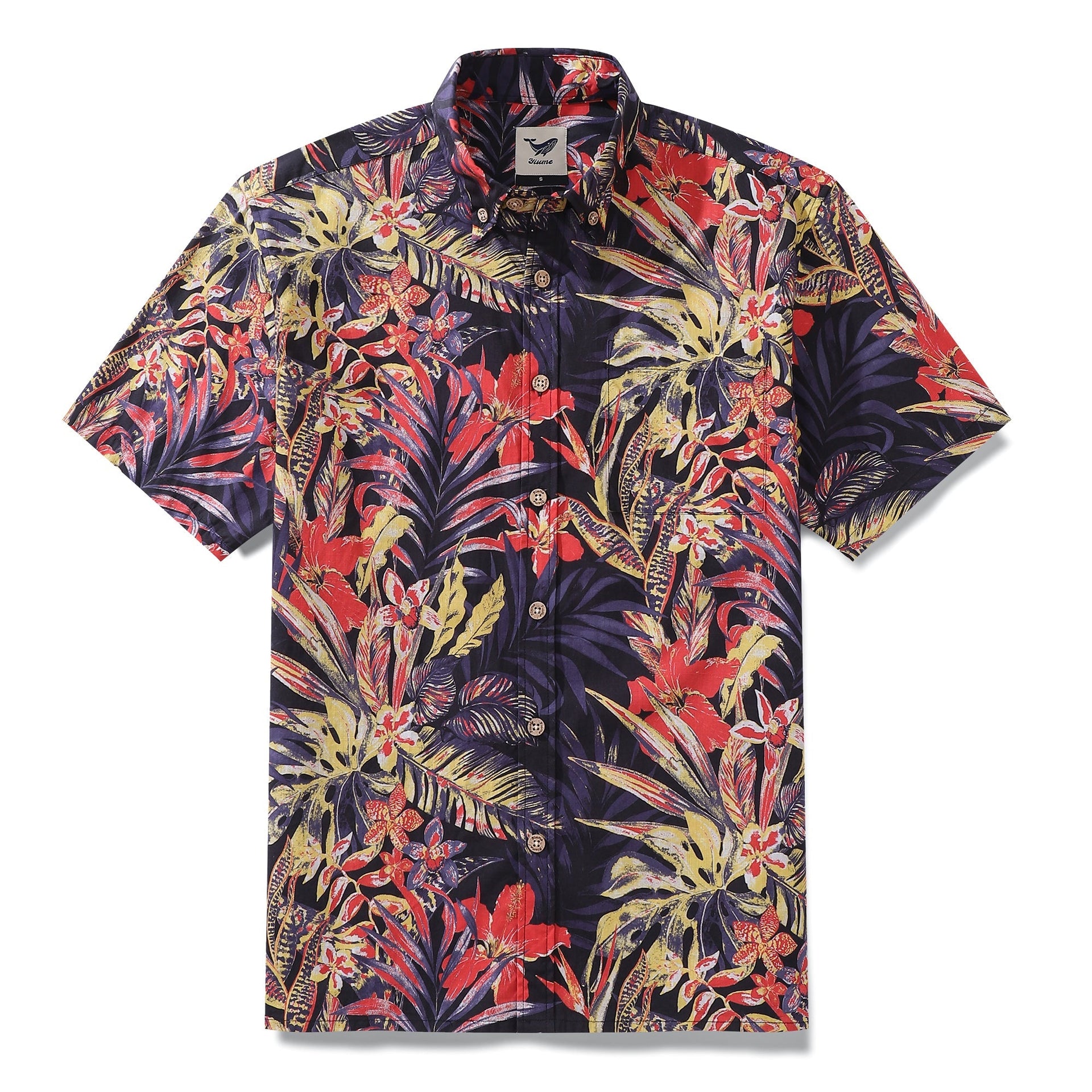 Men's tropical black, red, and yellow floral print button-down shirt