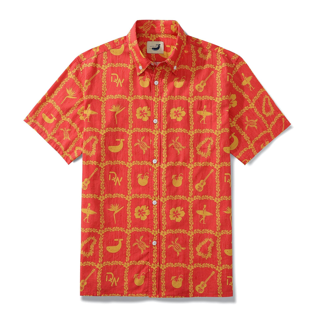 Men's nine-square tropical print button-down shirt in red and yellow.