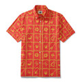 Men's nine-square tropical print button-down shirt in red and yellow.