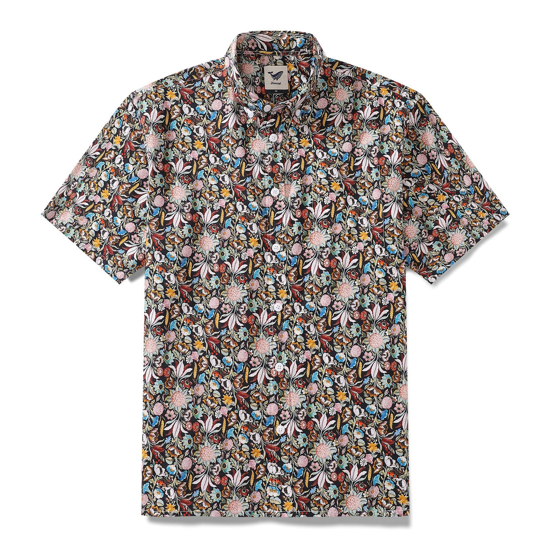Men's black and multi-color gothic floral print cotton Hawaiian shirt