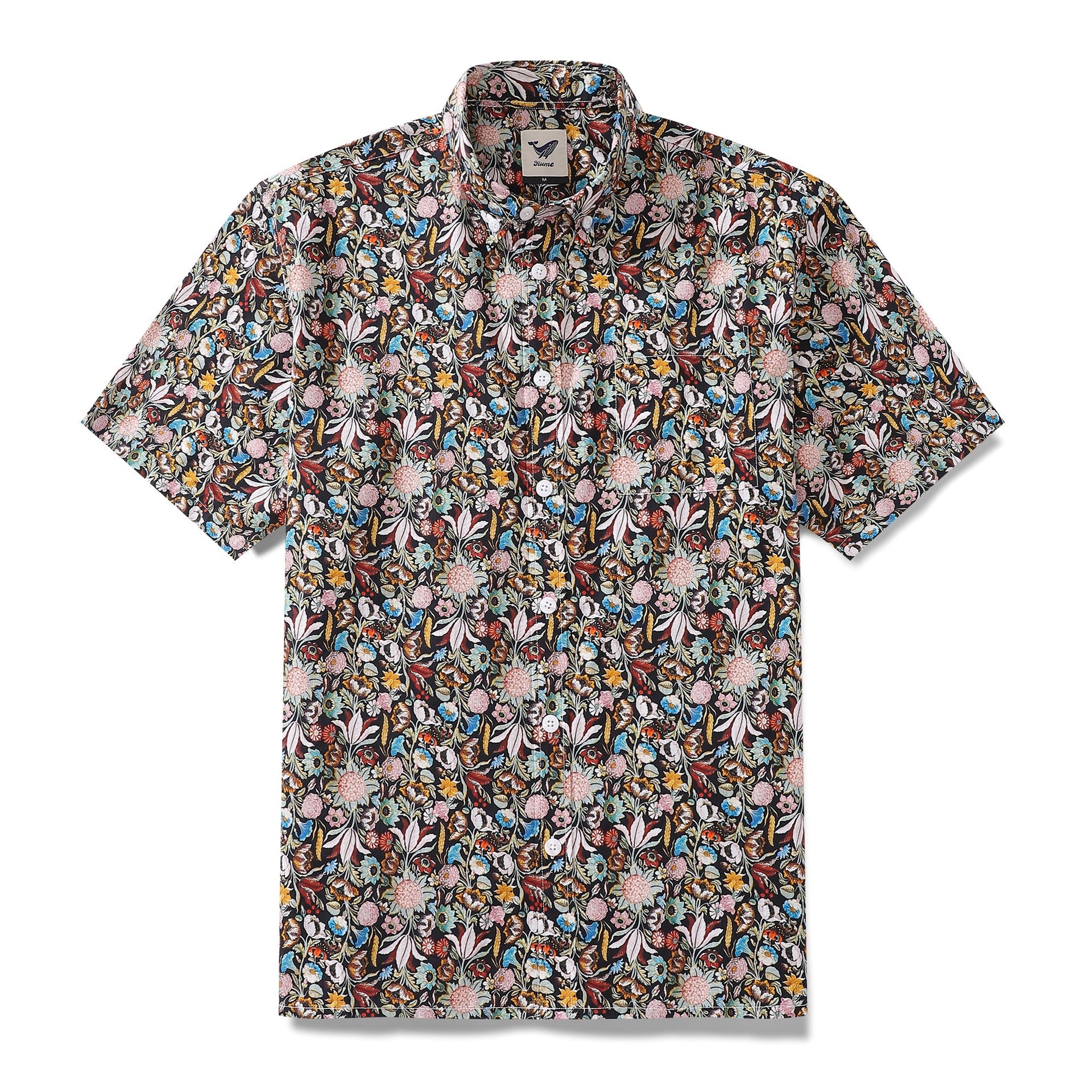 Men's black and multi-color gothic floral print cotton Hawaiian shirt