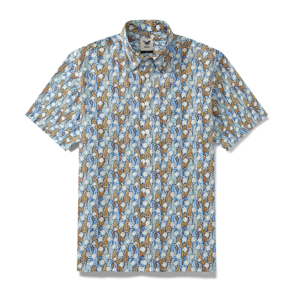 Men's blue, white, and tan floral print Hawaiian shirt with button-down front.