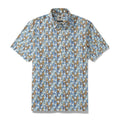 Men's blue, white, and tan floral print Hawaiian shirt with button-down front.