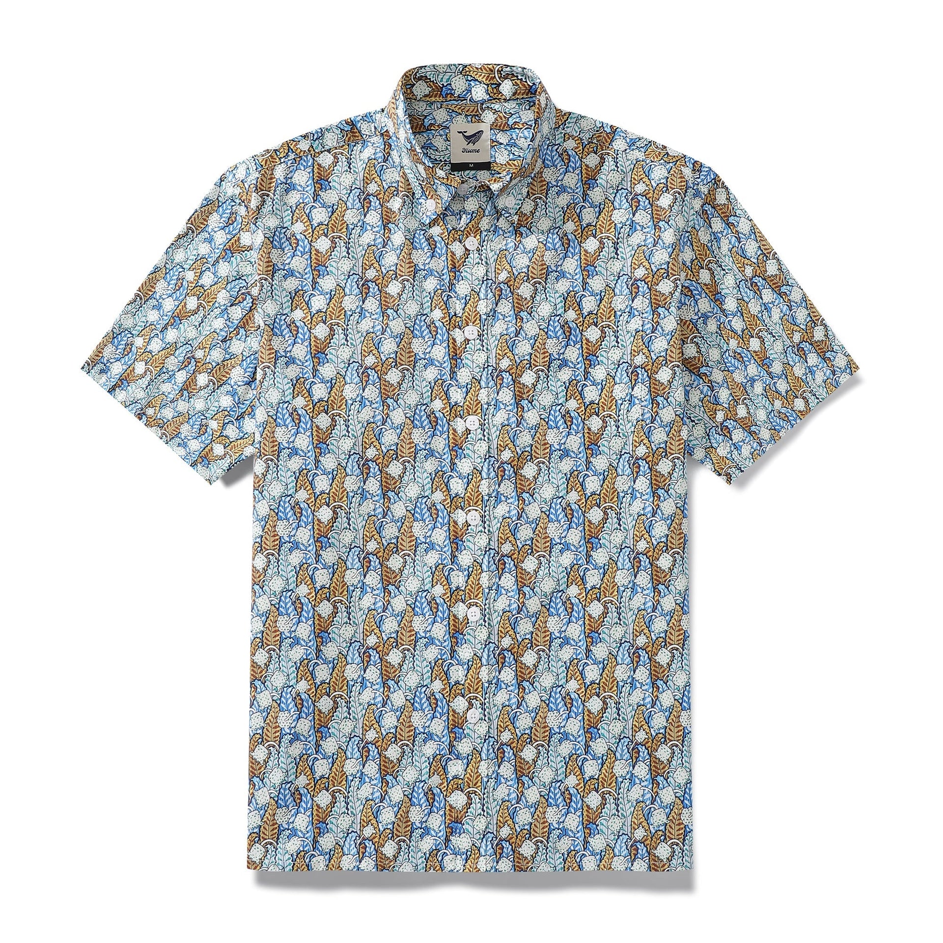 Men's blue, white, and tan floral print Hawaiian shirt with button-down front.