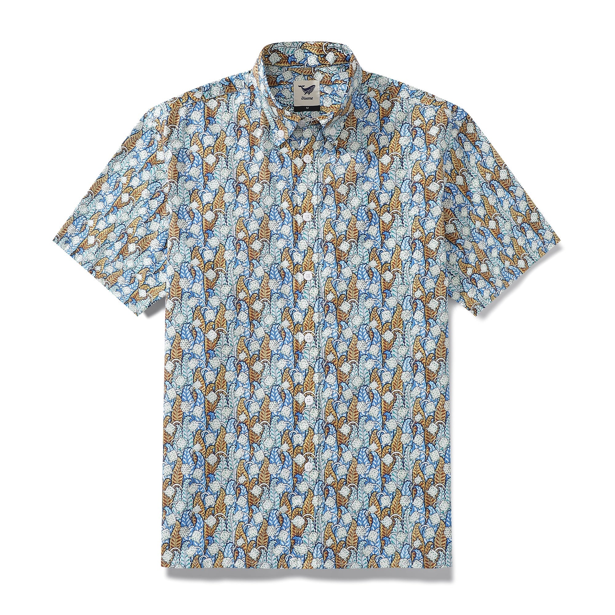 Men's blue, white, and tan floral print Hawaiian shirt with button-down front.