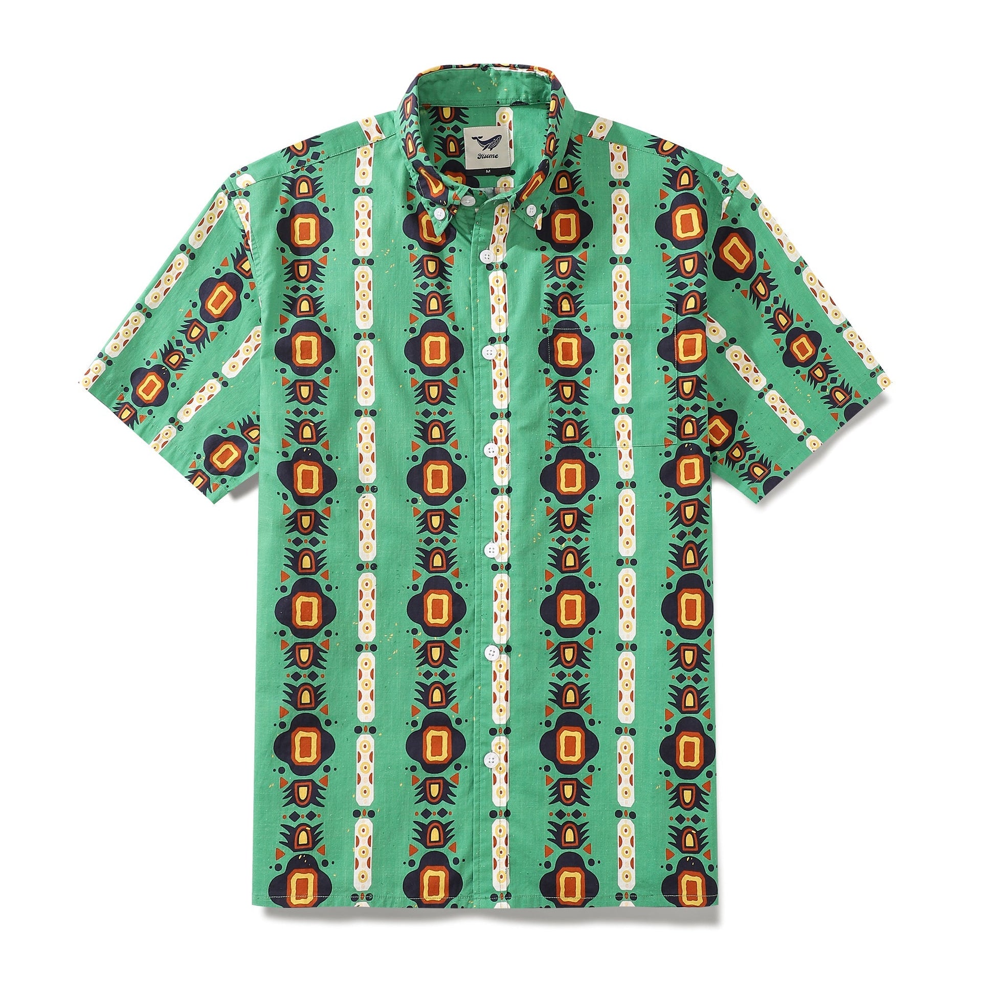 Men's 70s vintage style Hawaiian shirt with geometric ethnic pattern