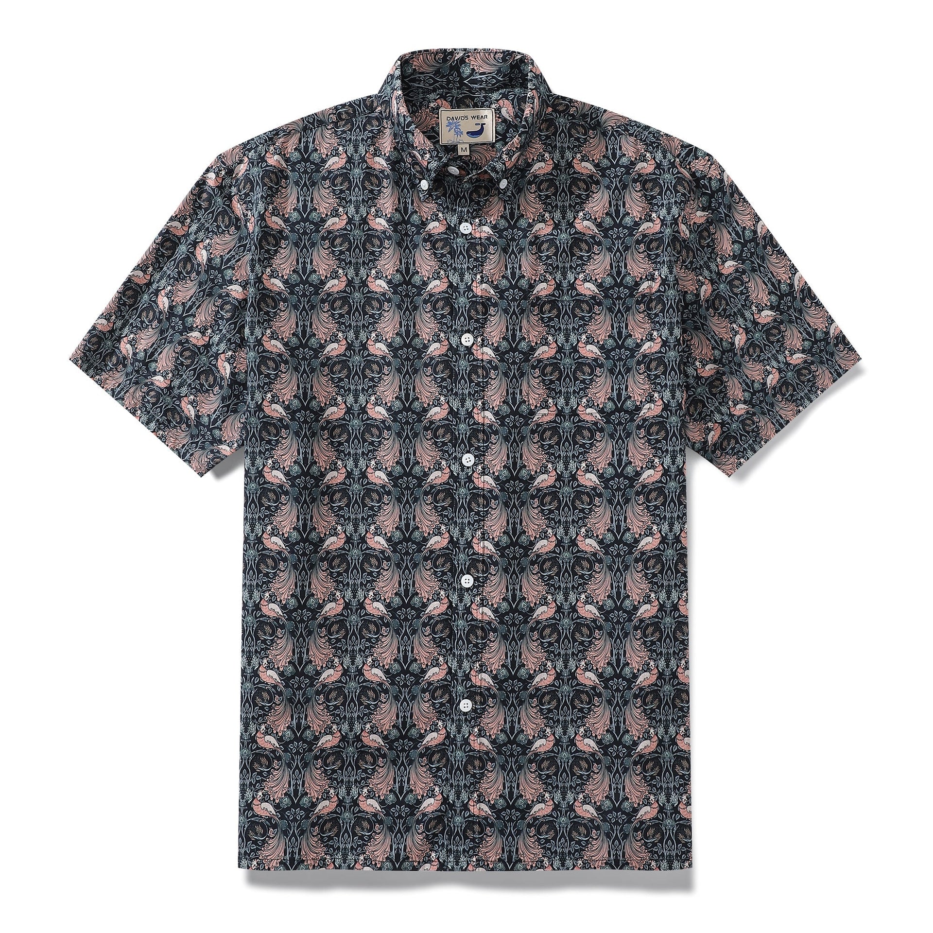 Black and pink animal print Aloha shirt with button-down collar