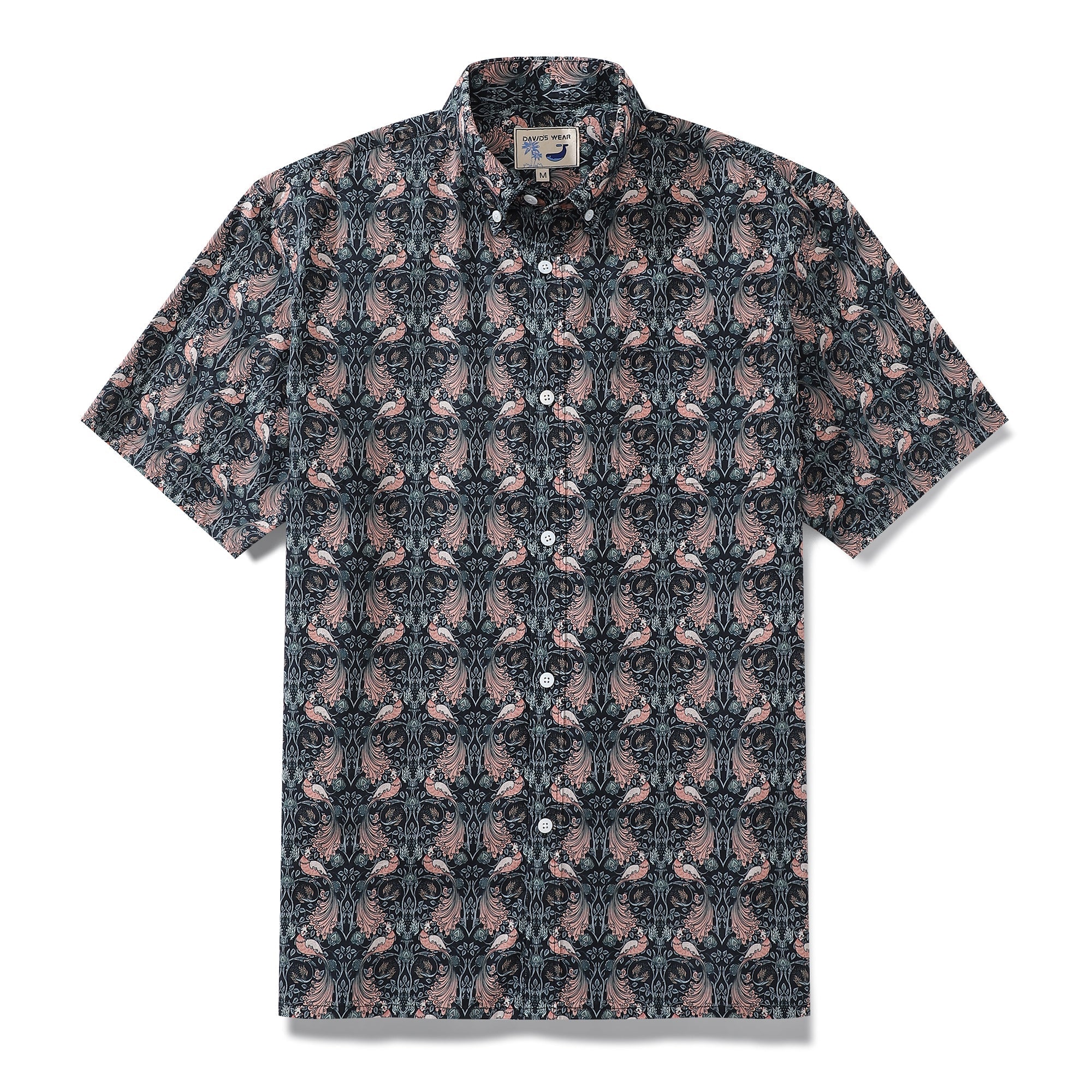 Black and pink animal print Aloha shirt with button-down collar