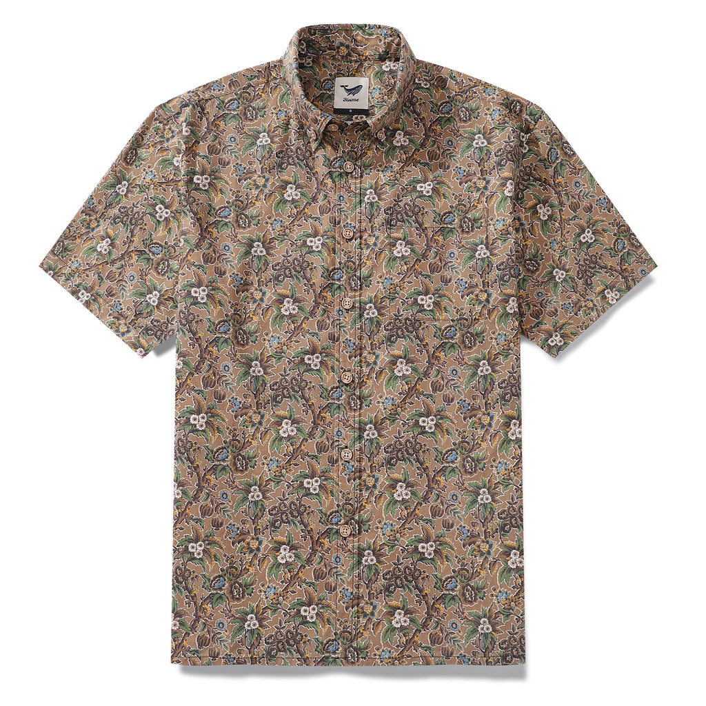 Men's cotton Hawaiian shirt featuring an autumn botanical tree print with green and yellow leaves.