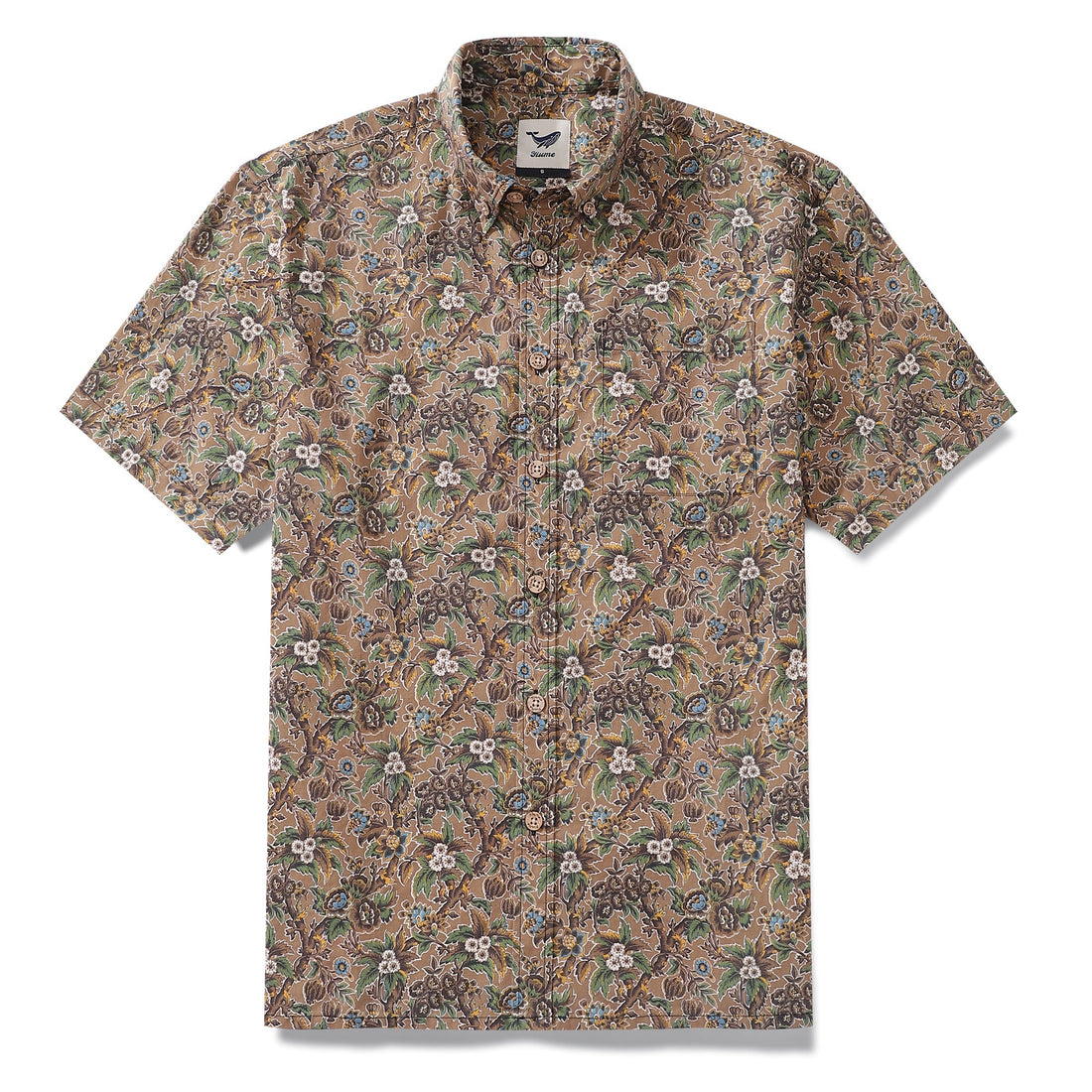 Men's cotton Hawaiian shirt featuring an autumn botanical tree print with green and yellow leaves.