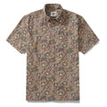 Men's cotton Hawaiian shirt featuring an autumn botanical tree print with green and yellow leaves.