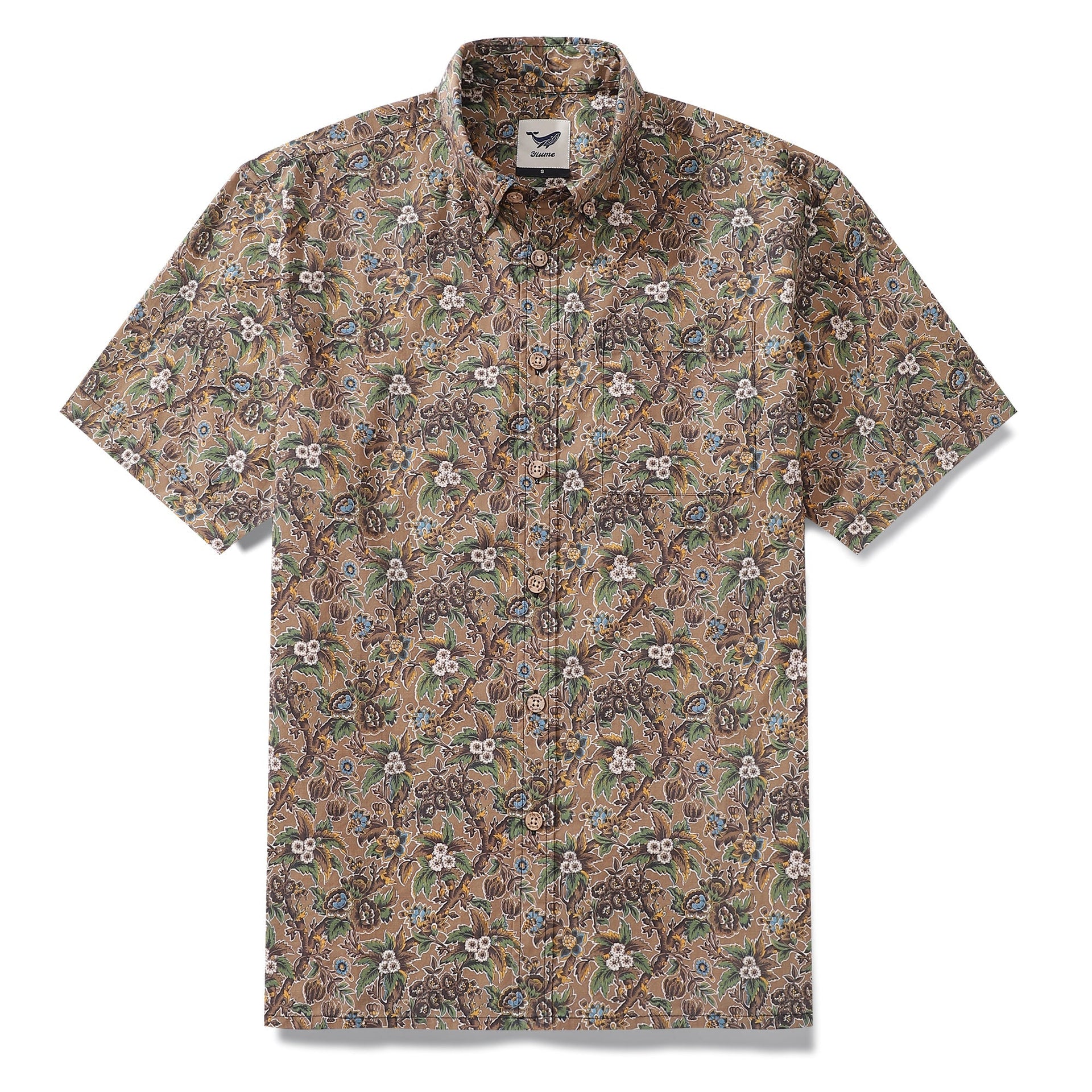 Men's cotton Hawaiian shirt featuring an autumn botanical tree print with green and yellow leaves.