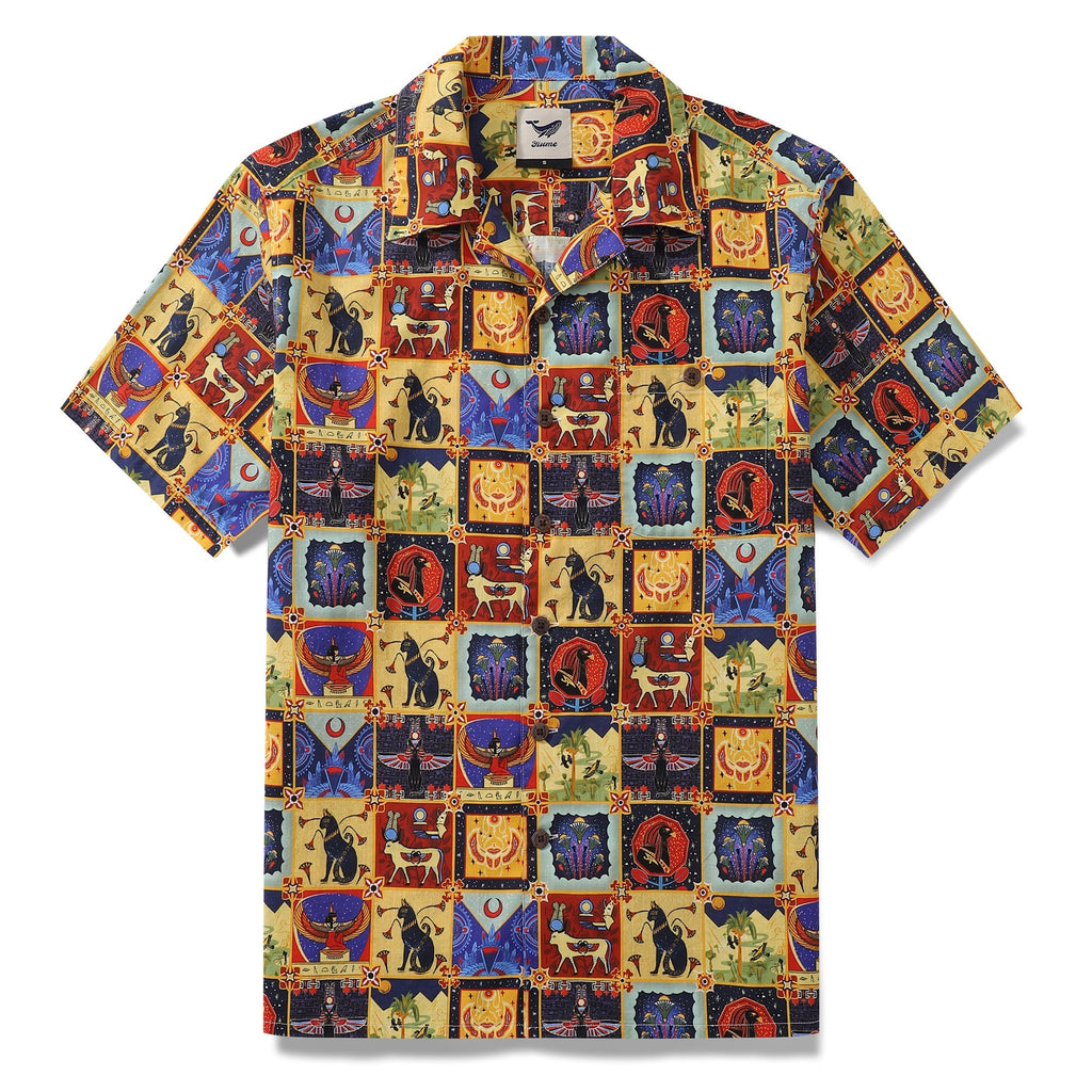 Vintage 1940s style Hawaiian shirt with Ancient Egyptian totem print and camp collar