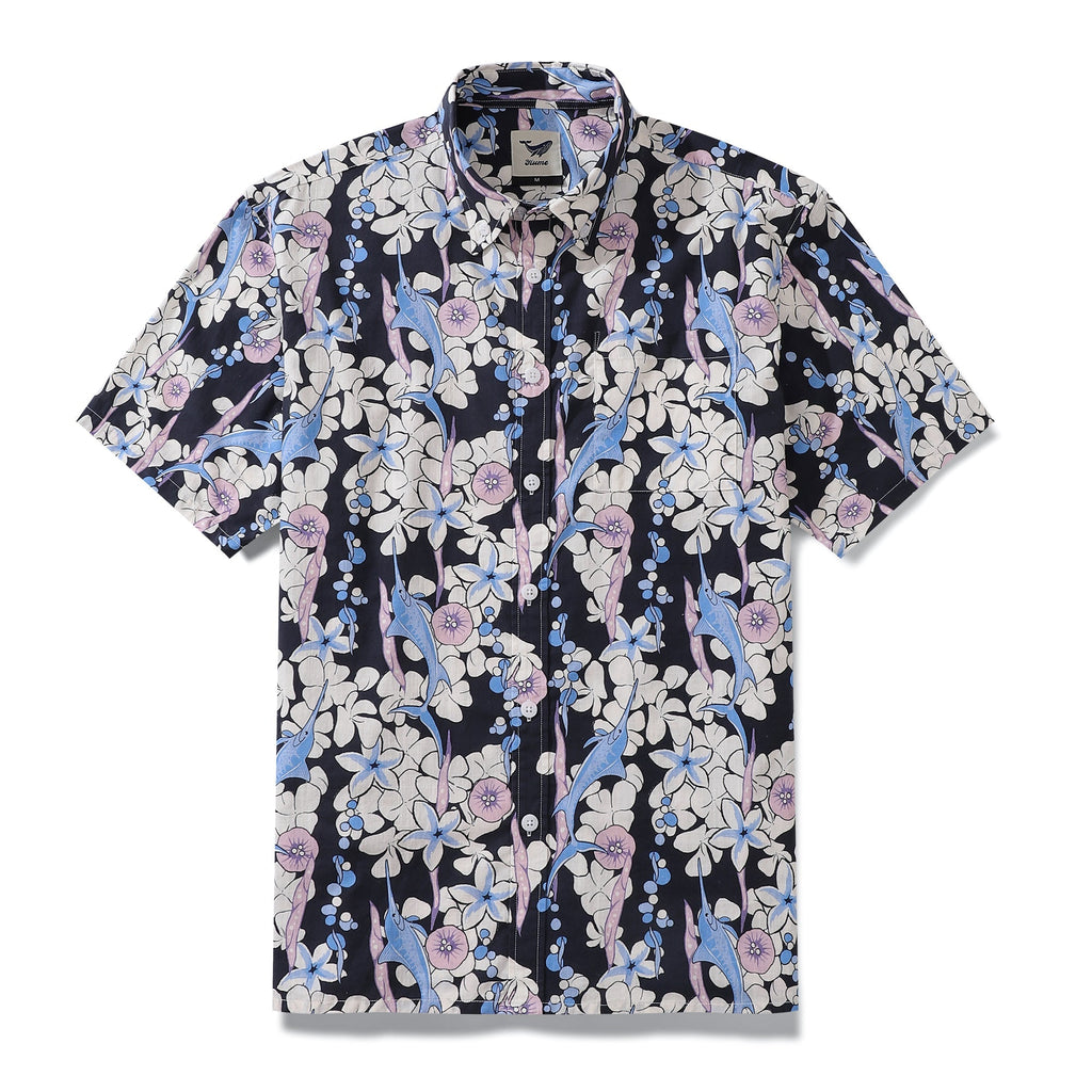 Men's navy and white tuna print button-down Aloha shirt in 100% cotton