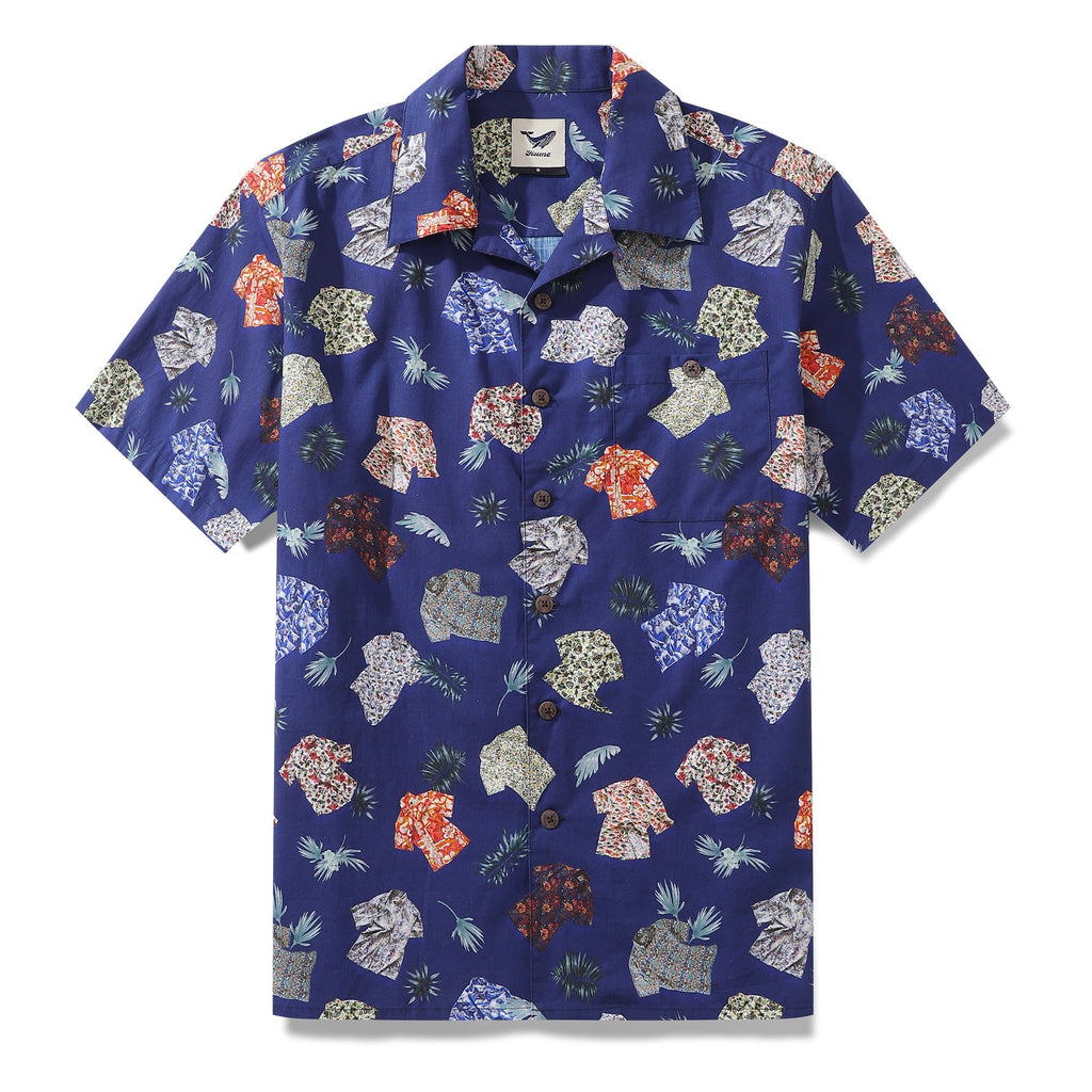 Men's multi-print Hawaiian shirt with camp collar in 100% cotton