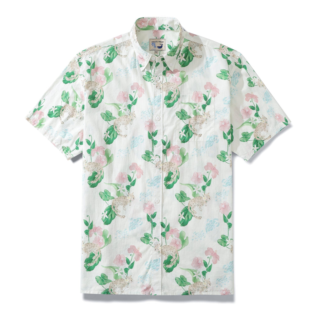Men's designer Hawaiian shirt featuring tropical leopard and frangipani flower pattern