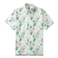 Men's designer Hawaiian shirt featuring tropical leopard and frangipani flower pattern