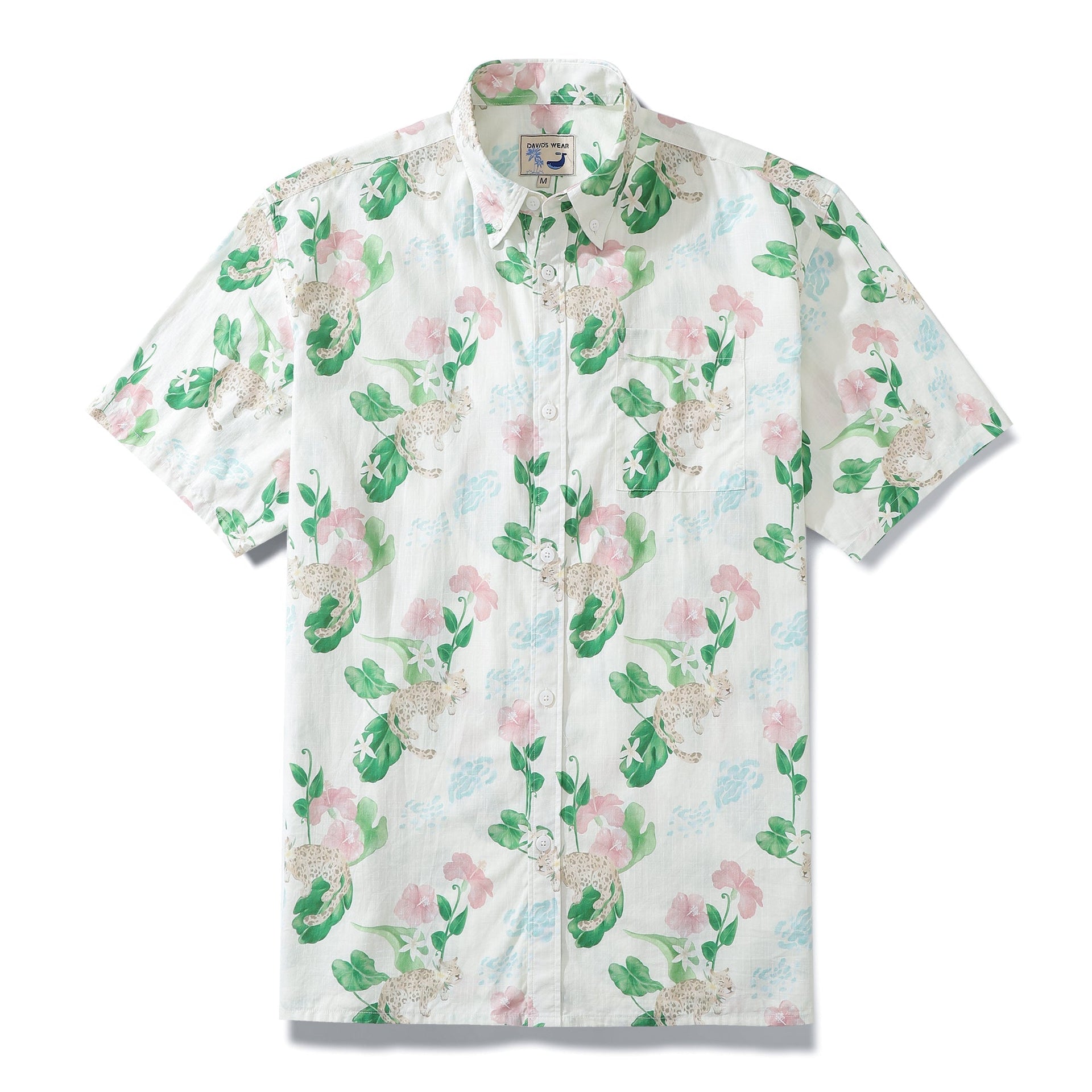 Men's designer Hawaiian shirt featuring tropical leopard and frangipani flower pattern