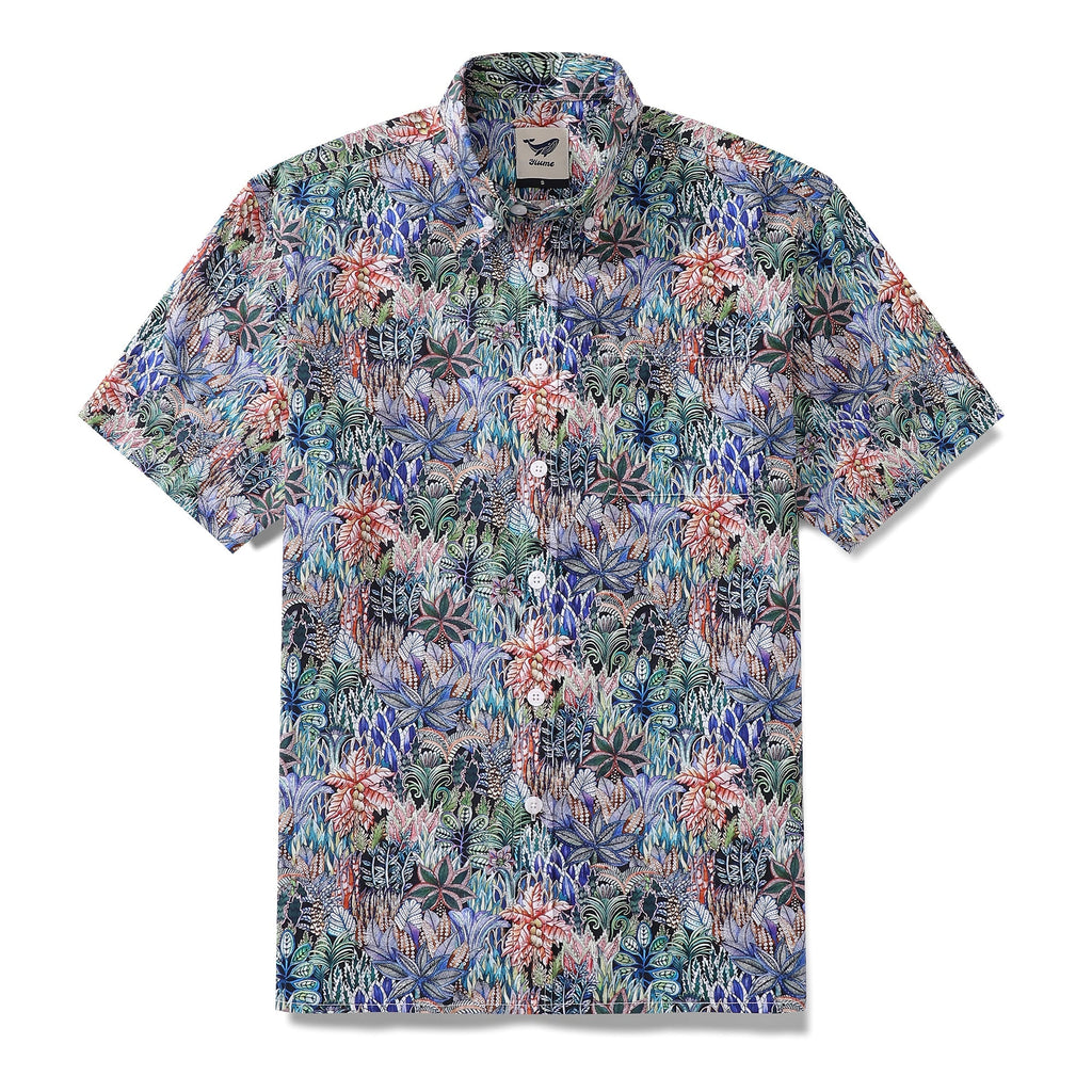 Men's cotton short sleeve Hawaiian shirt featuring a colorful tropical jungle plant pattern