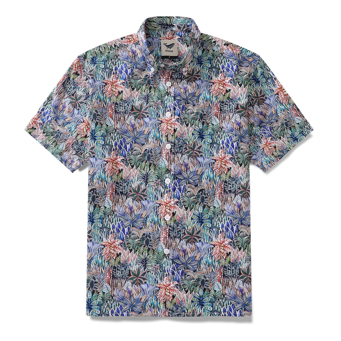 Men's cotton short sleeve Hawaiian shirt featuring a colorful tropical jungle plant pattern