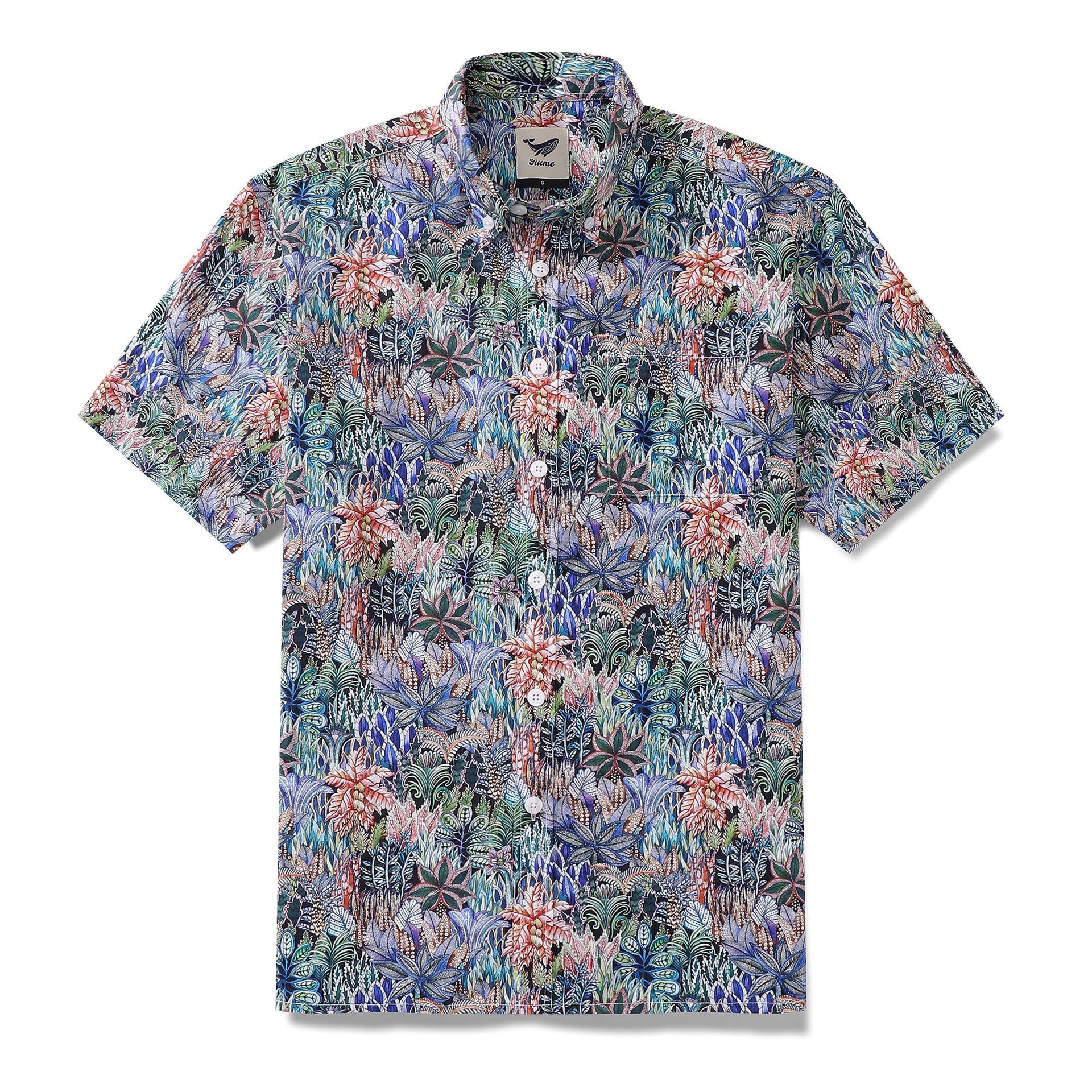 Men's cotton short sleeve Hawaiian shirt featuring a colorful tropical jungle plant pattern
