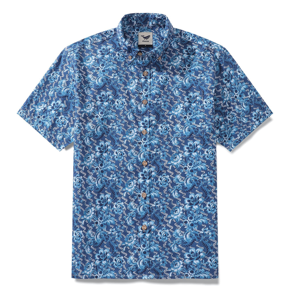 Men's short sleeve Hawaiian shirt in an azure blue floral gradient print with button-down collar.