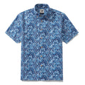 Men's short sleeve Hawaiian shirt in an azure blue floral gradient print with button-down collar.