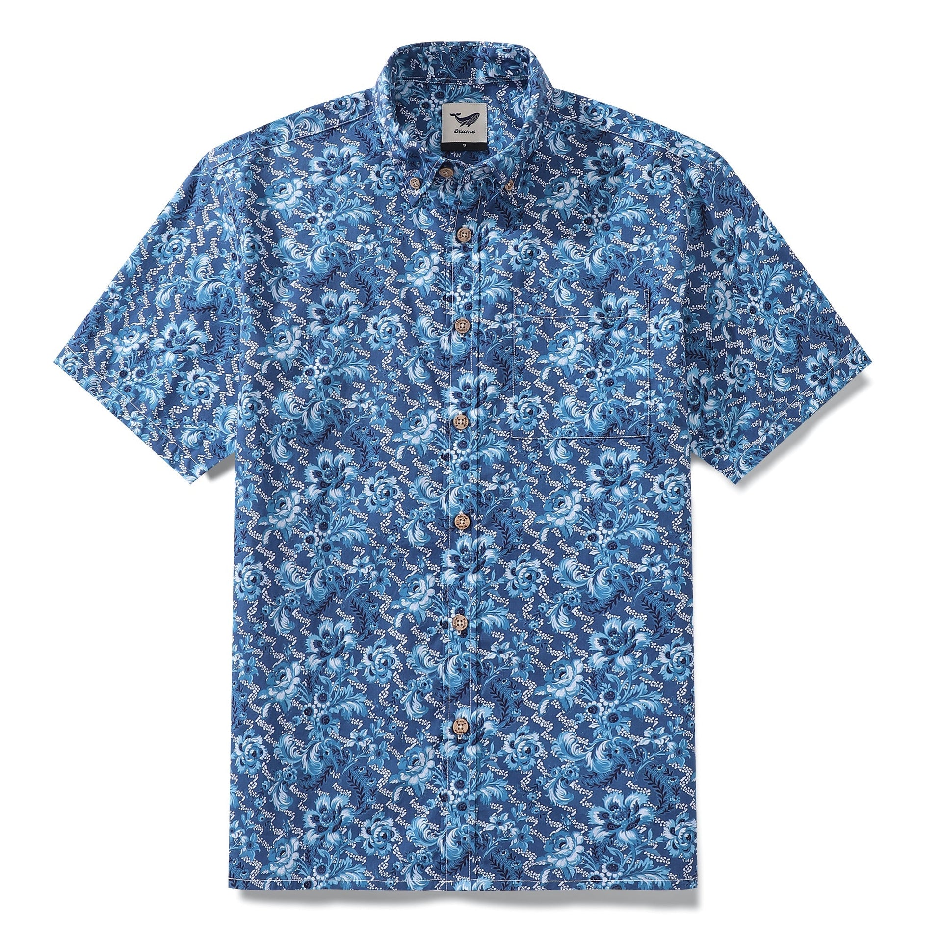Men's short sleeve Hawaiian shirt in an azure blue floral gradient print with button-down collar.