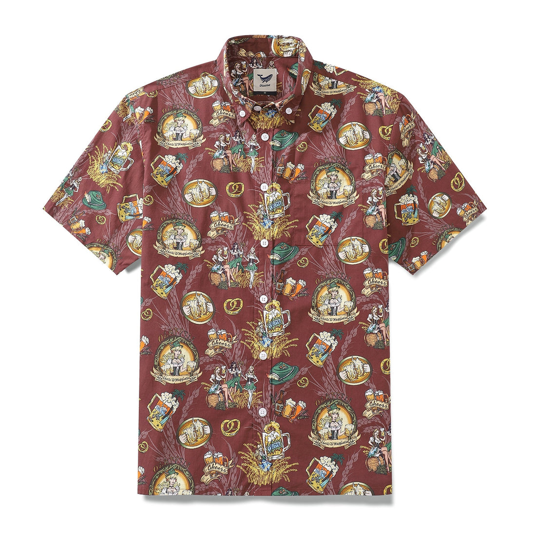 Men's maroon Oktoberfest themed Hawaiian shirt with beer barley and festive print in short sleeve cotton button-down style.