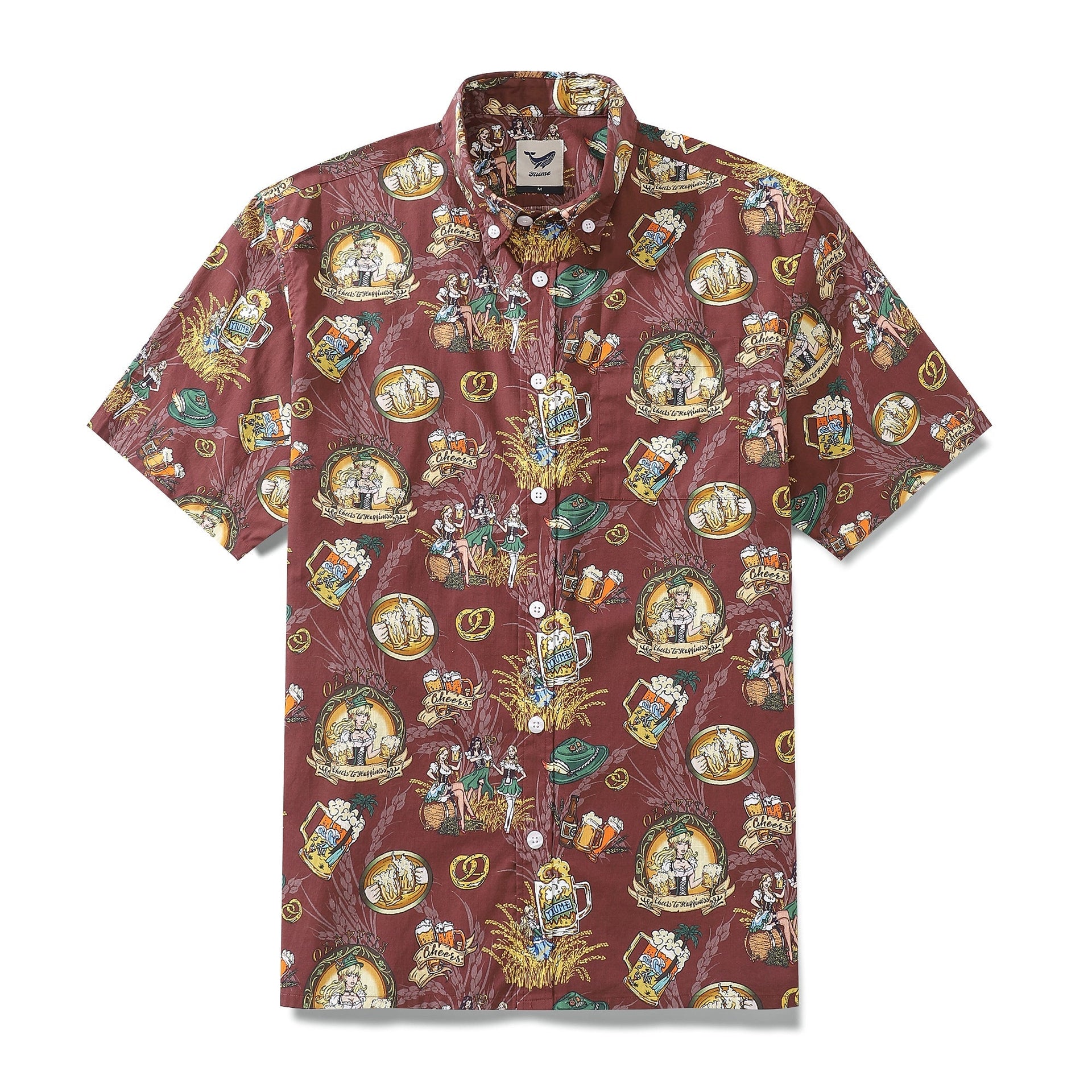 Men's maroon Oktoberfest themed Hawaiian shirt with beer barley and festive print in short sleeve cotton button-down style.