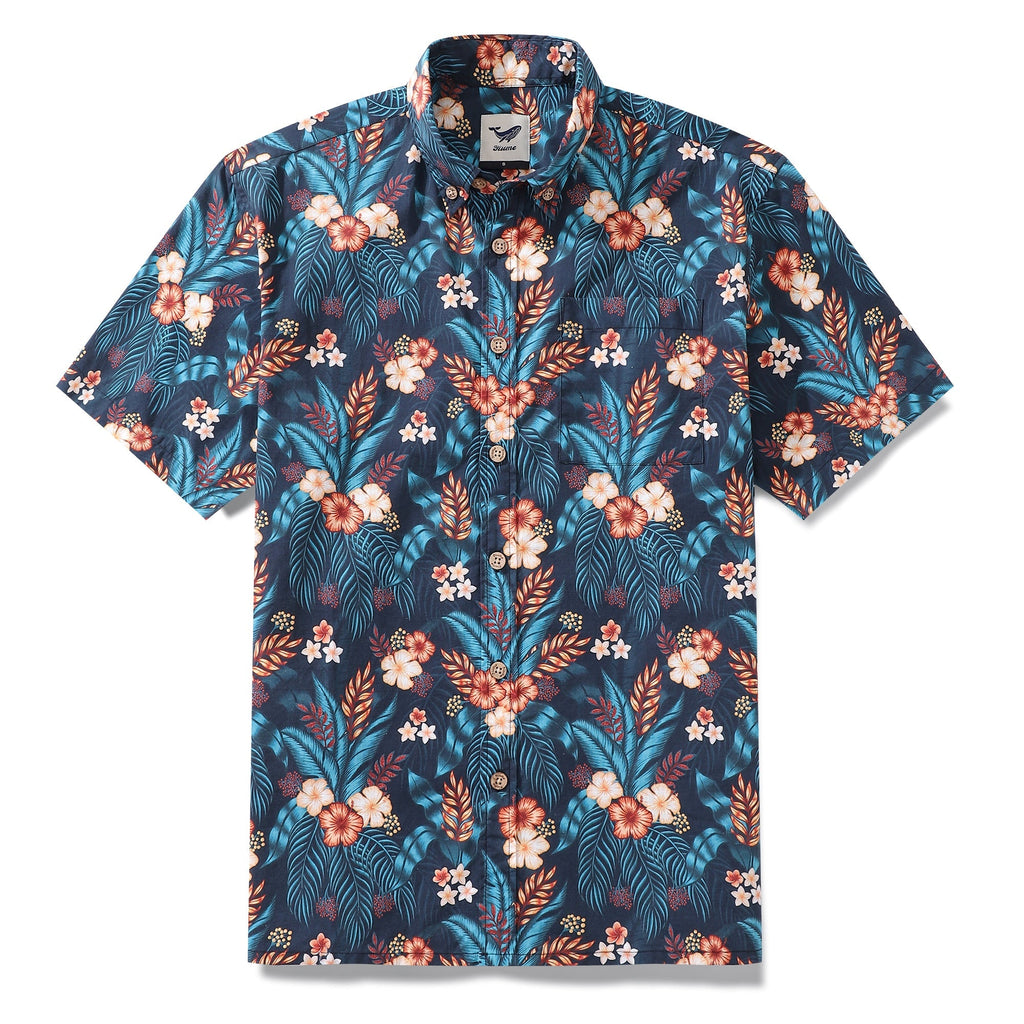 Men's Tropical Night short sleeve cotton button-down shirt with floral forest print.