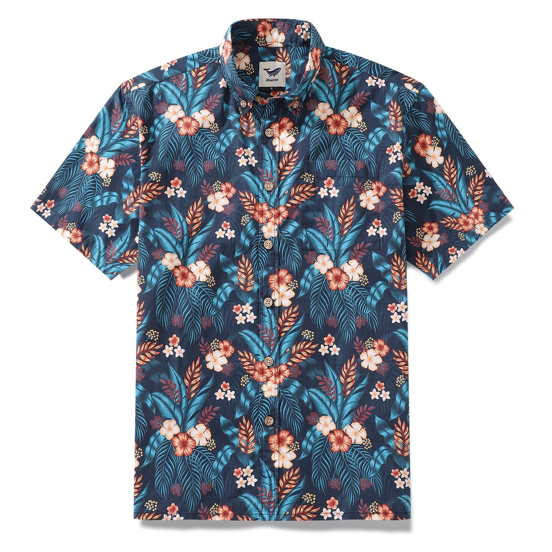 Men's Tropical Night short sleeve cotton button-down shirt with floral forest print.
