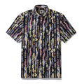 Men's Hawaiian shirt with Valley of the Worms abstract print in navy, yellow, purple, and light blue