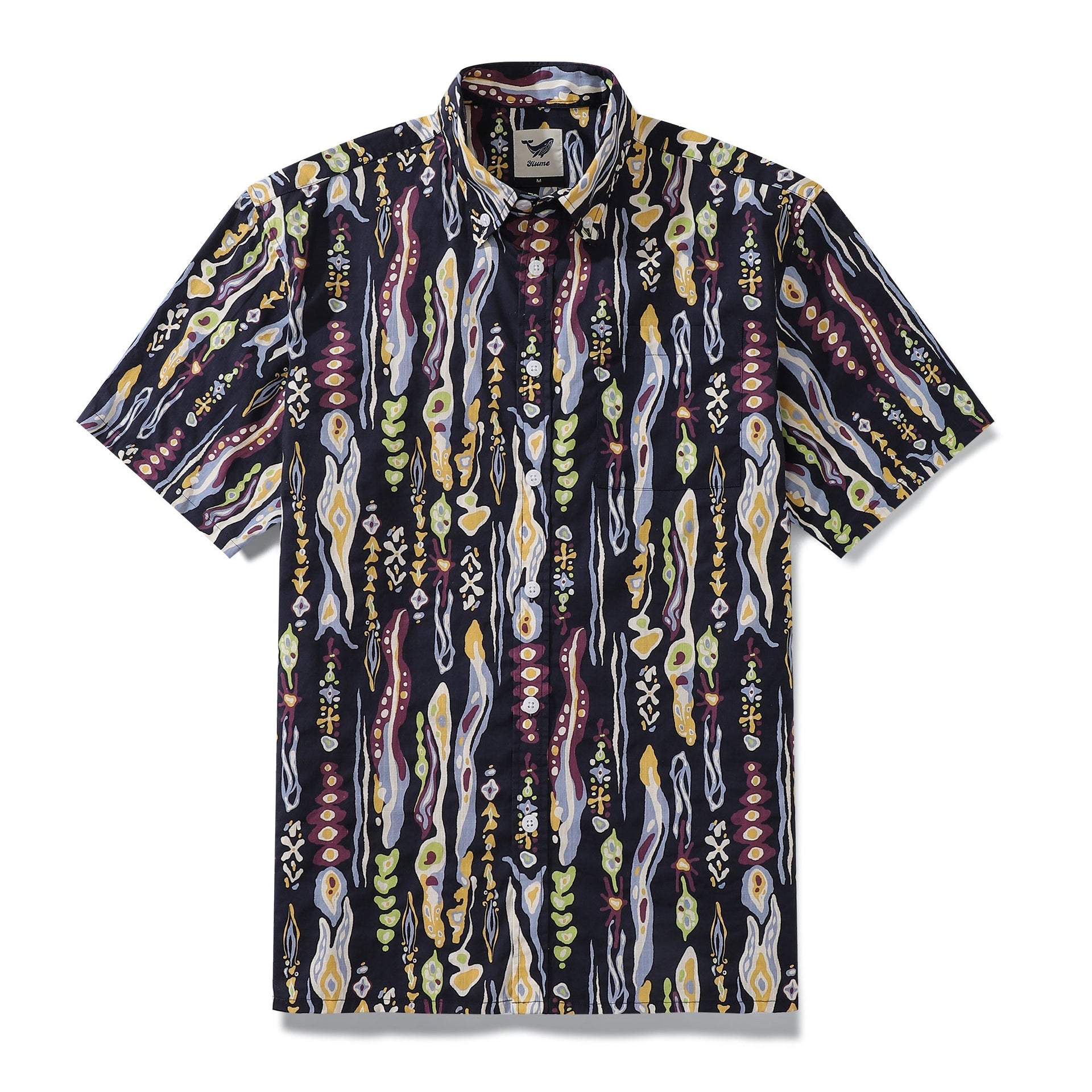 Men's Hawaiian shirt with Valley of the Worms abstract print in navy, yellow, purple, and light blue